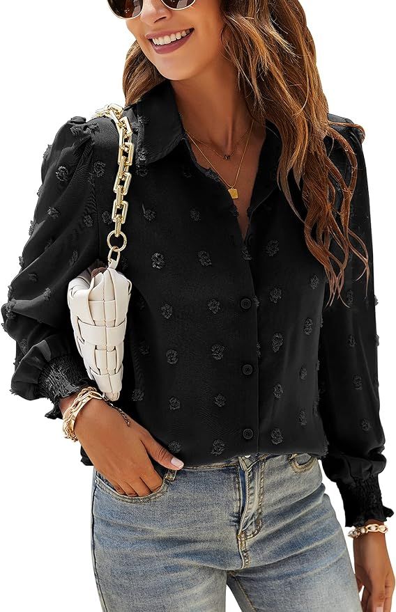 Womens Casual Chiffon Blouses Puff Long Sleeve Tops Swiss Dot Button Down Shirts with Smocked Cuf... | Amazon (US)