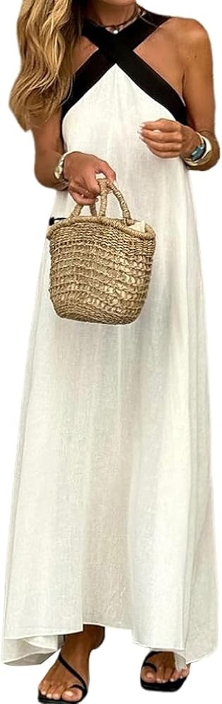 chouyatou Womens Criss Cross Halter Neck Dress Sleeveless Sexy Backless Boho Maxi Long Cotton Lin... | Amazon (US)
