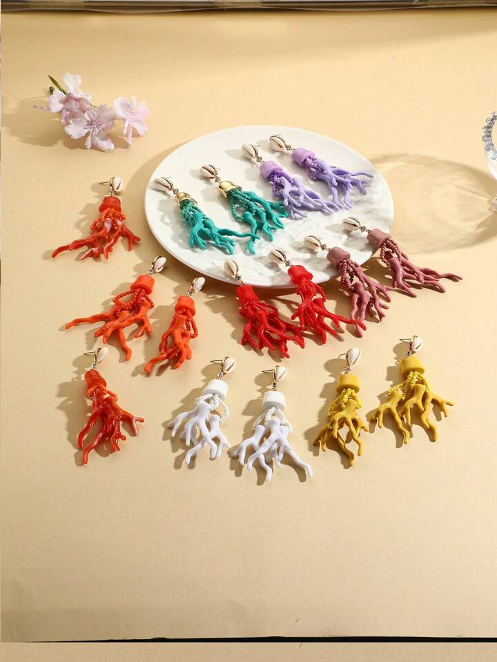 Boheemse stijl hars oorbellen met geometrisch en koraalontwerp, zomeroorsieraden, vakantiecadeau ... | SHEIN