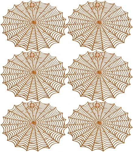 Sfcddtlg 6 Pcs Halloween Spider Web Placemats- 15"" Heat Insulation Halloween Placemats Spider Web Table Mats- Hollow Out Spiderweb Coasters Placemat for Dining Table Halloween Decoration (Brown) | Amazon (US)