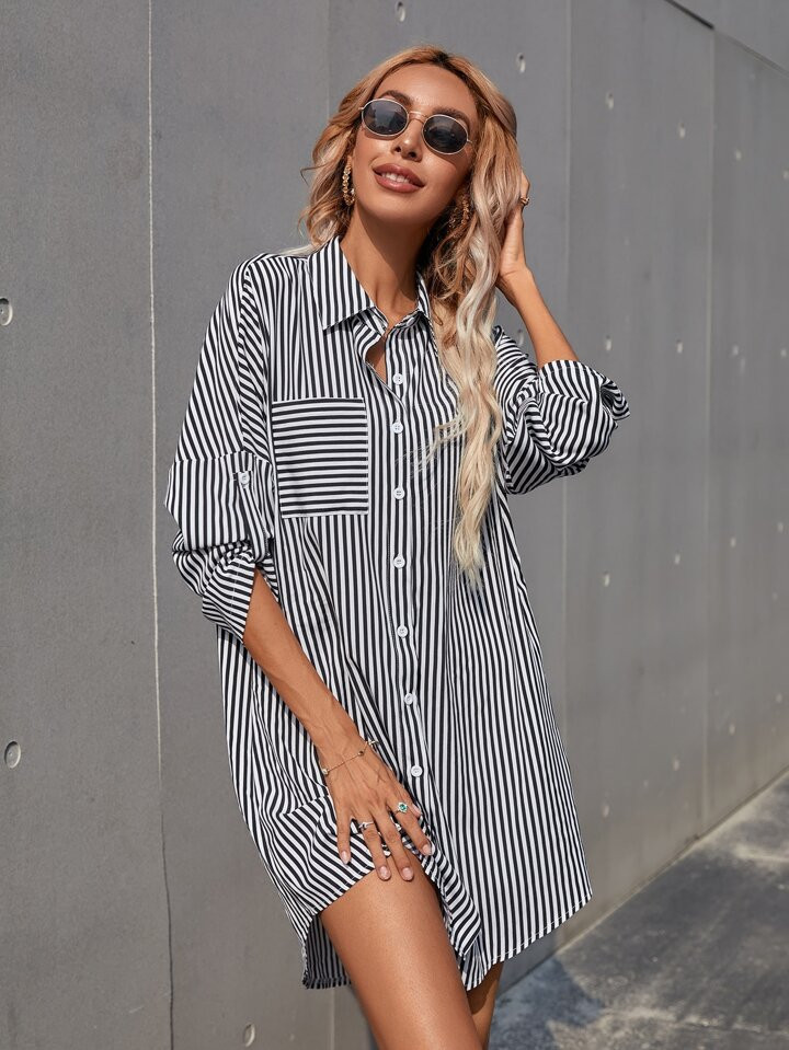 SHEIN Frenchy Striped Roll Up Sleeve Shirt Dress | SHEIN