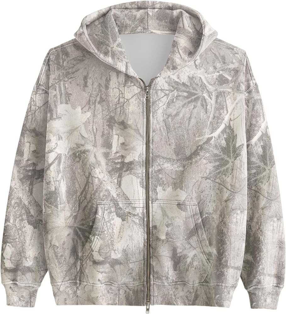 Women Camo Zip Up Oversized Fleece Hoodie Long Sleeve Maple Leaf Print Hooded Jacket Baggy Hoodie... | Amazon (US)
