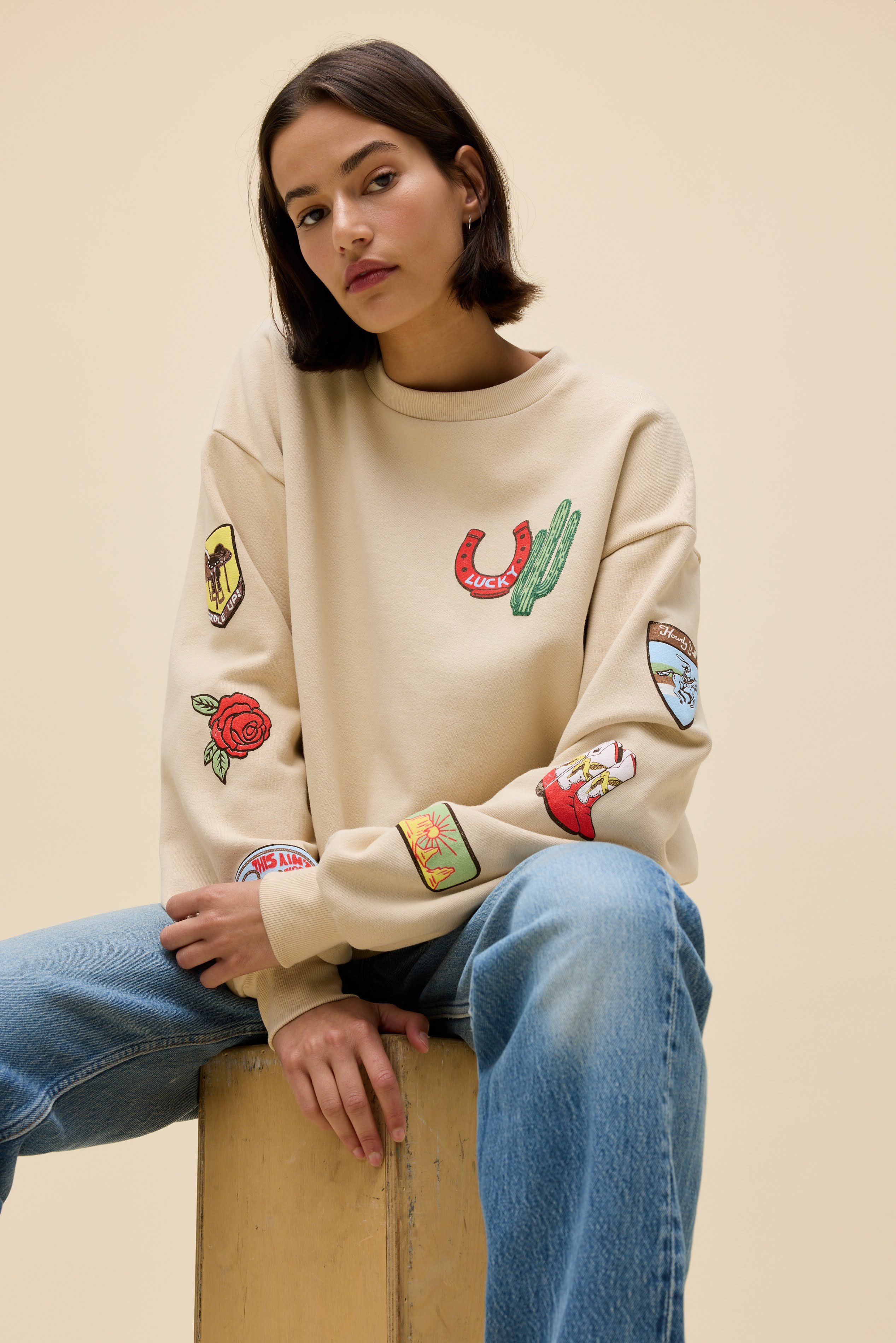 Western Patches Oversized Crew Sweatshirt | Daydreamer