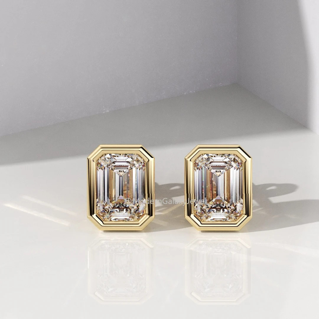 2.0CTW Emerald cut Lab Grown Diamond Earrings, 14k Yellow Gold Bezel Set Diamond Earrings | Etsy (US)