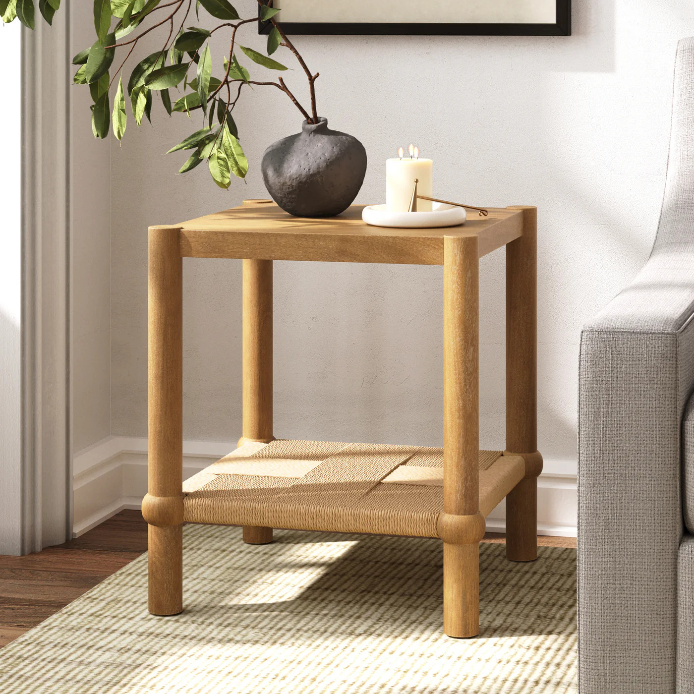 Wood 2-Tier Coastal Side Table with Seagrass Shelf Light Brown | Nathan James