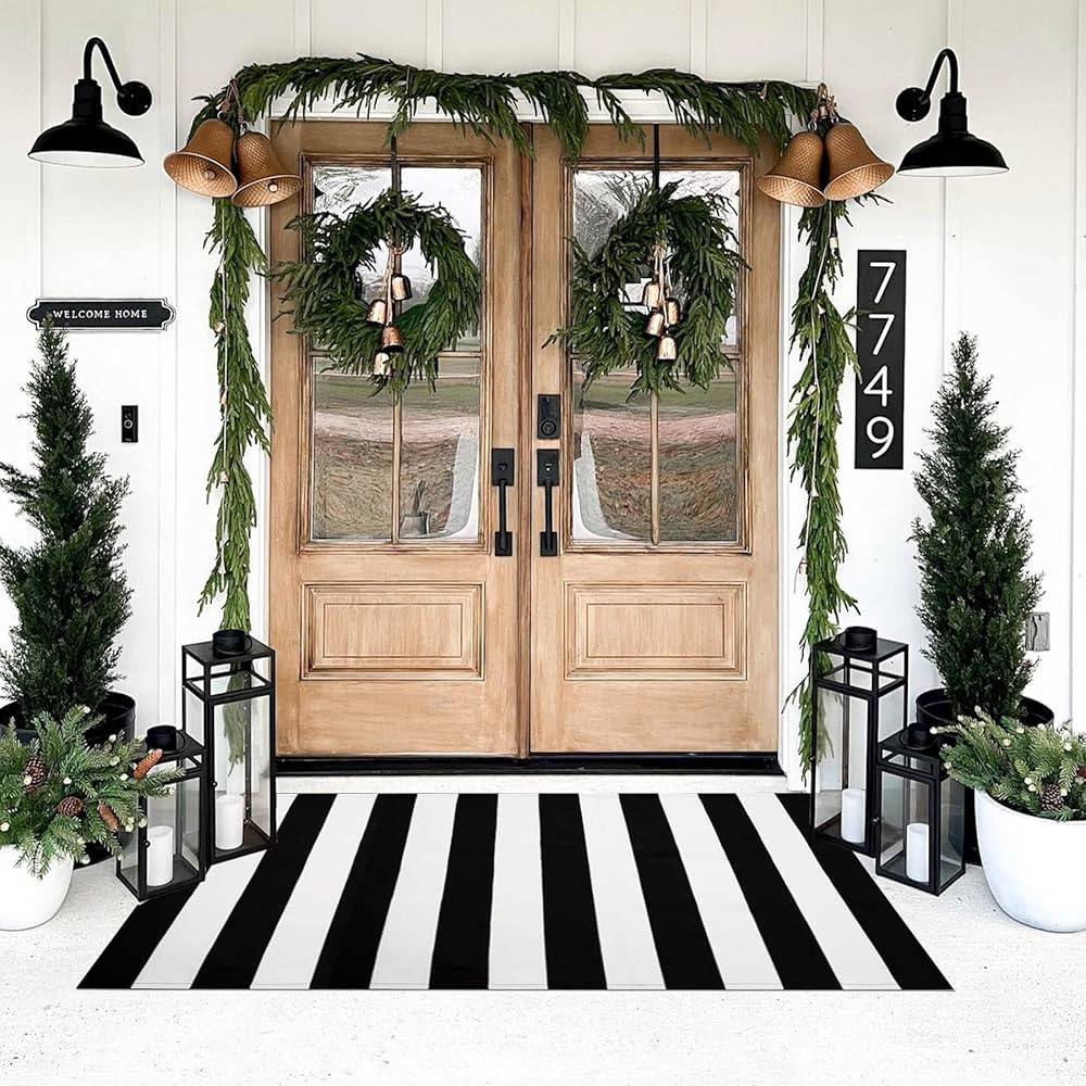 SEEKSEE Black and White Striped Fall Rug 3' X 5' Outdoor Cotton Reversible Woven Rug Washable Por... | Amazon (US)