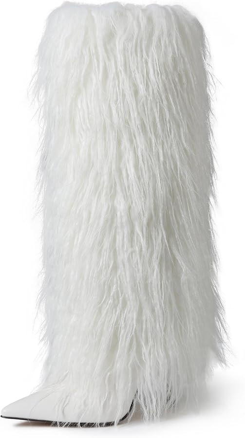 Womens Furry Boots Knee High Fold Over Tall Boot Wide Calf Pointed Toe Stiletto High Heel Fall Wi... | Amazon (US)