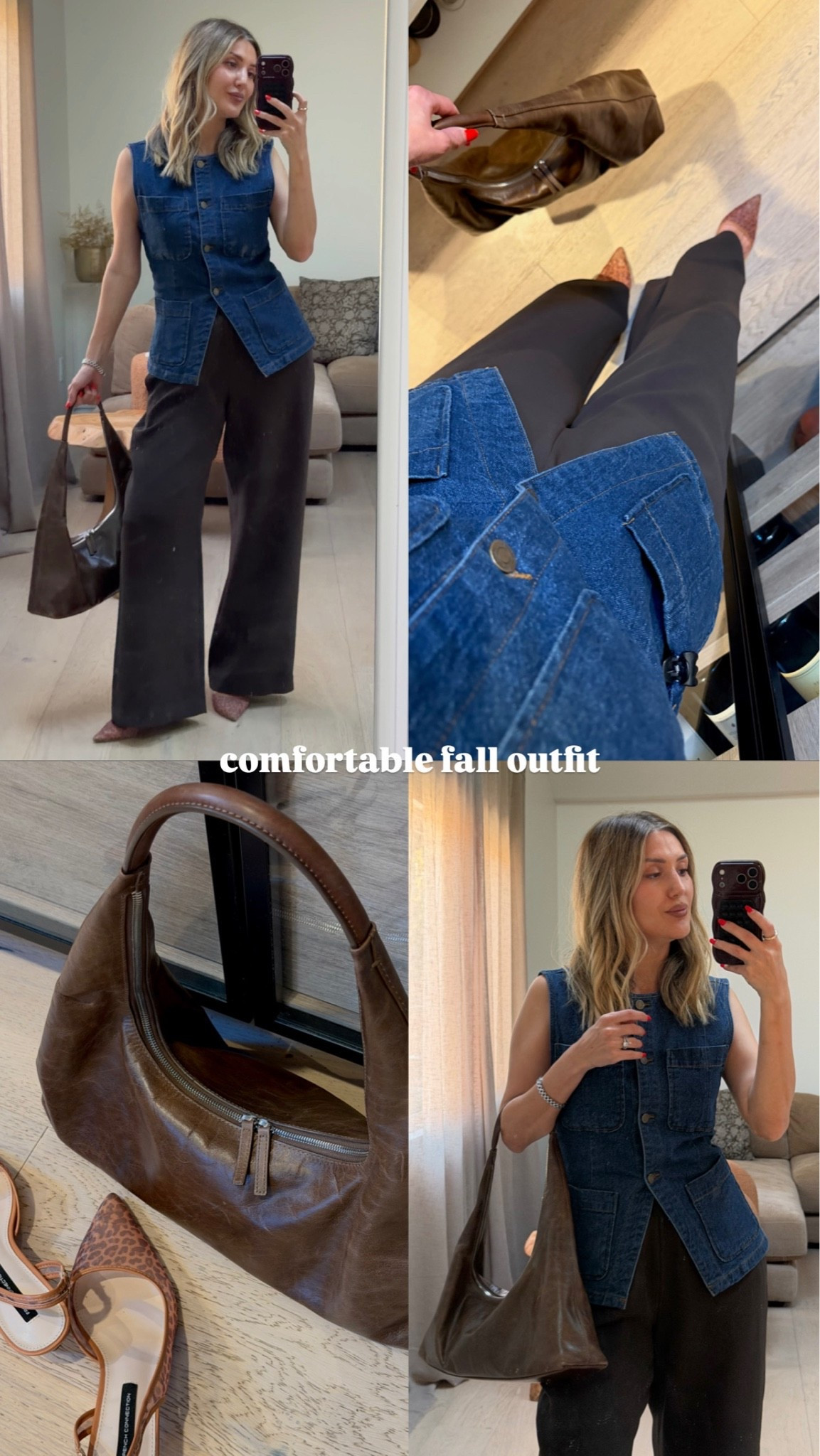 Got so many DM’s asking about this outfit! Such a comfortable but polished look. 

@raviebeauty lip liner in honey
@oneskin.co OS-01 eye topical supplement
GoodJanes h20 moisturizer
@Lux Unfiltered face tanning drops
@Sigma Beauty skin tint shade 3 
@hauslabs concealer Shade light medium peach and concealer brush 
@maybelline brow lift gel 
@billiondollarbrows micro brow pencil shade taupe 
Persona bronzing stick shade Sahara 
@armanibeauty eye tint shade sandalwood 25m 
@armanibeauty cheek tint shade flaming red 41 
@sweedbeauty bright eyeliner, brown mascara (code PRENY20) 
@sigmabeauty setting powder shade buttermilk
@sigmabeauty F08 precision powder brush
Denim vest top size medium 
Brown lodge pants size medium short

Fall outfit 
Fall lip
Brown leather handbag
Mesh kitten heels 

#LTKootd #LTKSeasonal #LTKWorkwear