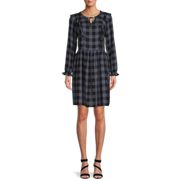 Time and Tru Women's Yarn Dye plaid Viscose Ruffle Dress - Walmart.com | Walmart (US)