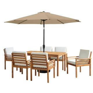 8-Piece Set, Okemo Wood Outdoor Dining Table Set with 6 Cushioned Chairs, 10 ft. Auto Tilt Umbrel... | The Home Depot