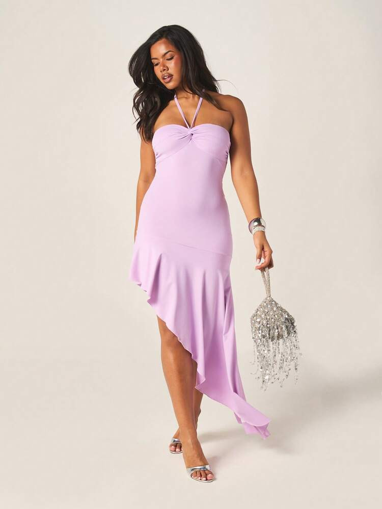 MISSGUIDED Women's Halter Neck Asymmetrical Hem Bodycon Maxi Dress With Tie Detail For Party Evening Occasions | SHEIN
