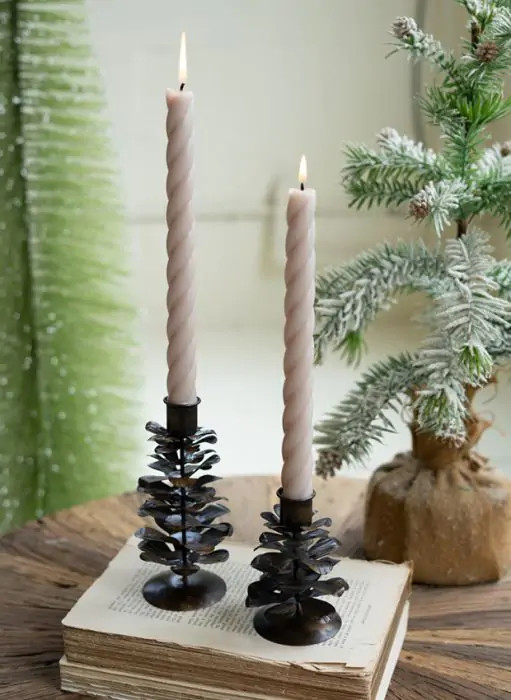 Metal Pinecone Taper Holder Set of 2 | Antique Farm House