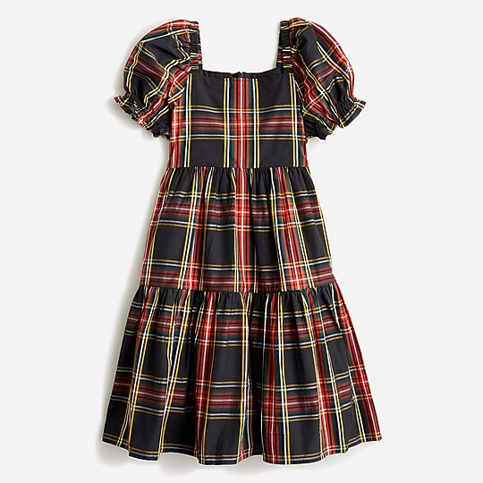 Girls' squareneck tiered dress in black Stewart tartan | J. Crew US