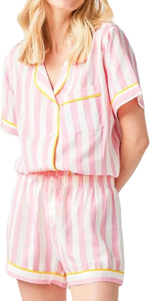 Women Cute Animal Print Pajama Set Short Sleeve Button Down Shirt Lounge Shorts Set Y2k Cartoon 2... | Amazon (US)