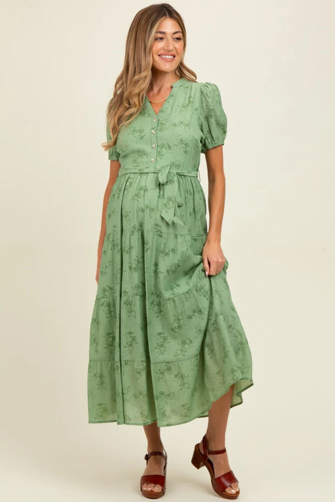 Green Floral Button Front Tiered Maternity Midi Dress | PinkBlush Maternity