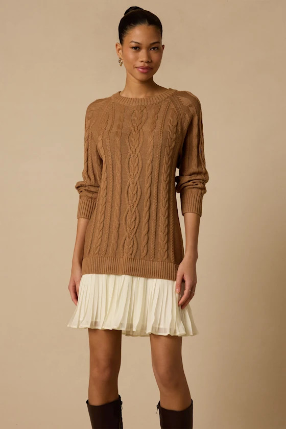 Alvie Light Brown Cable Knit Drop Waist Sweater Dress | Lulus