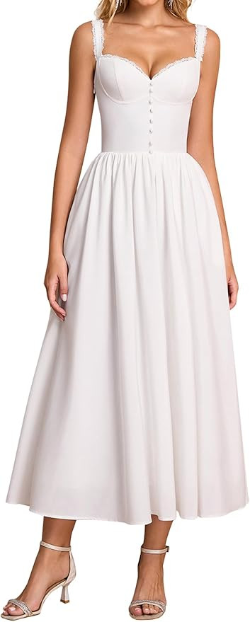 Summer Corset Midi Dress Formal Flowy A Line Lace Spaghetti Strap Wedding Guest Dresses for Women... | Amazon (US)