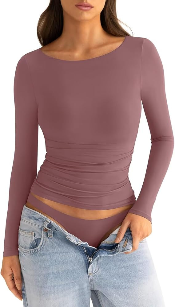 Womens Boat Neck Long Sleeve Shirts Ruched Double Lined Top Fitted Basic Tight Tee Fall Clothes 2... | Amazon (US)