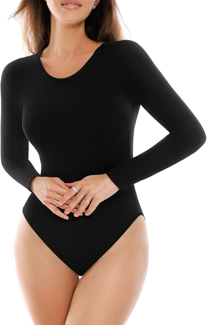 SINOPHANT Long Sleeve Bodysuits for Women Crew Round Neck Basic Stretchy Slim Fit Body Suit Tops | Amazon (US)