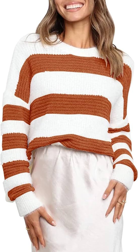 KIRUNDO 2023 Fall Winter Women's Striped Color Block Short Sweater Long Sleeve Crew Neck Casual L... | Amazon (US)