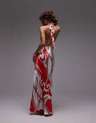 Topshop halter neck maxi dress in red boutique print | ASOS | ASOS (Global)