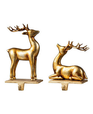 Set of 2 Gold Resin Standing Sitting Reindeer Stocking Holders | Macy's