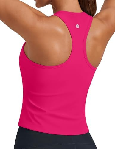 PINSPARK Workout Tops for Women Racerback Tank Top with Built in Bras Waist Length Yoga Tops Padd... | Amazon (US)