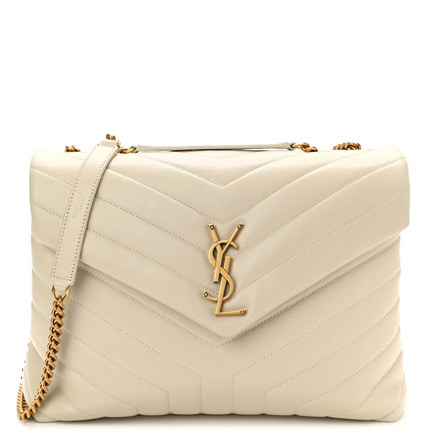 SAINT LAURENT Calfskin Y Quilted Monogram Medium Loulou Chain Satchel Crema Soft | FASHIONPHILE (US)