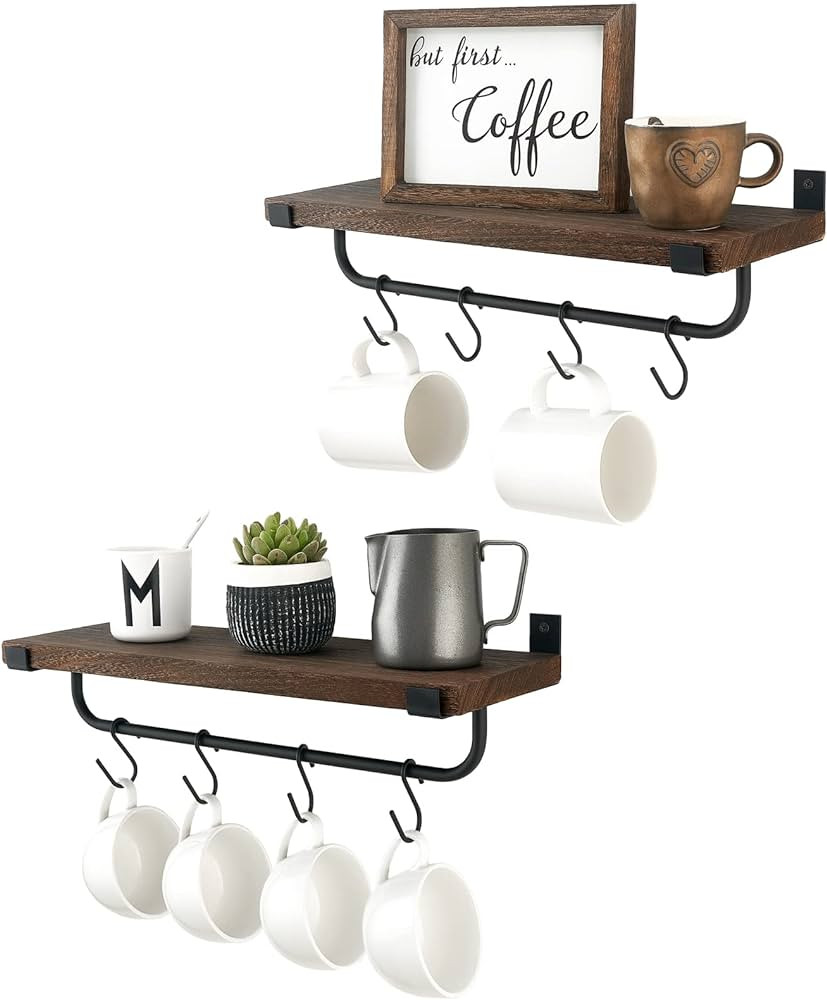 Mkono Mug Holder Wall Mounted Coffee Mug Rack Set of 2 Rustic Floating Shelf for Coffee Bar Acces... | Amazon (US)