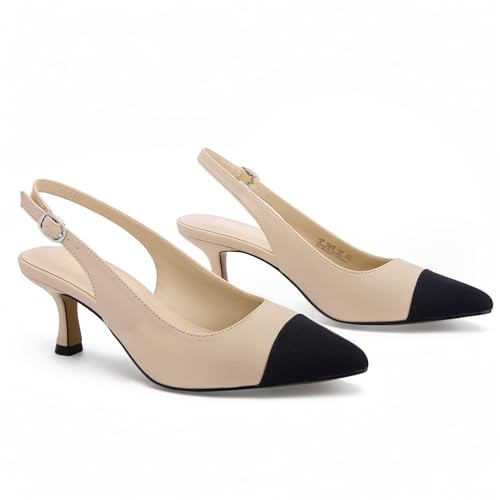 Ankis Women's Slingback Kitten Heels Closed Pointed Toe Low Heel Pumps Comfortable Dress Shoes for Wedding Party Work Office Business Casual Daily Wear 2.5inch Nude Black | Amazon (US)