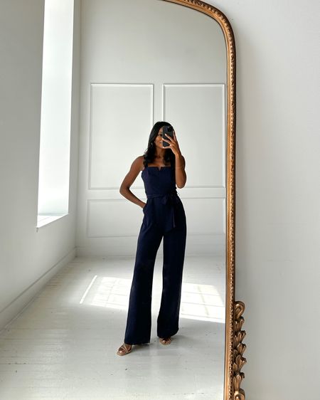 Navy jumpsuit! Would be perfect to wear to a summer wedding or date night! It’s also on sale for under $50! 

#LTKunder50 #LTKwedding #LTKSeasonal