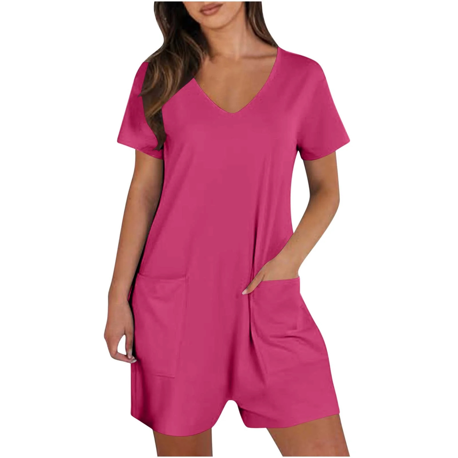 Edvintorg Rompers for Women Summer Short Sleeve V Neck Short Jumpsuits Loose Casual Overalls with Pockets Hot Pink Xl - Walmart.com | Walmart (US)
