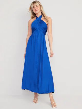 Fit & Flare Wrap-Neck Satin Maxi Dress for Women | Old Navy (US)