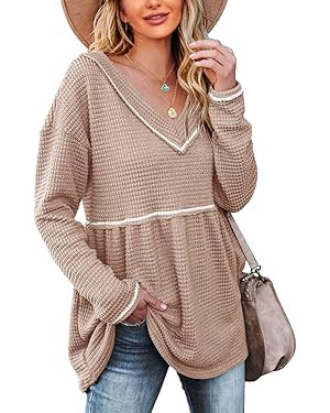 Chang Yun Womens V Neck Waffle Tunic Top Long Sleeve Peplum Pullover Babydoll Casual Flowy Swing ... | Amazon (US)
