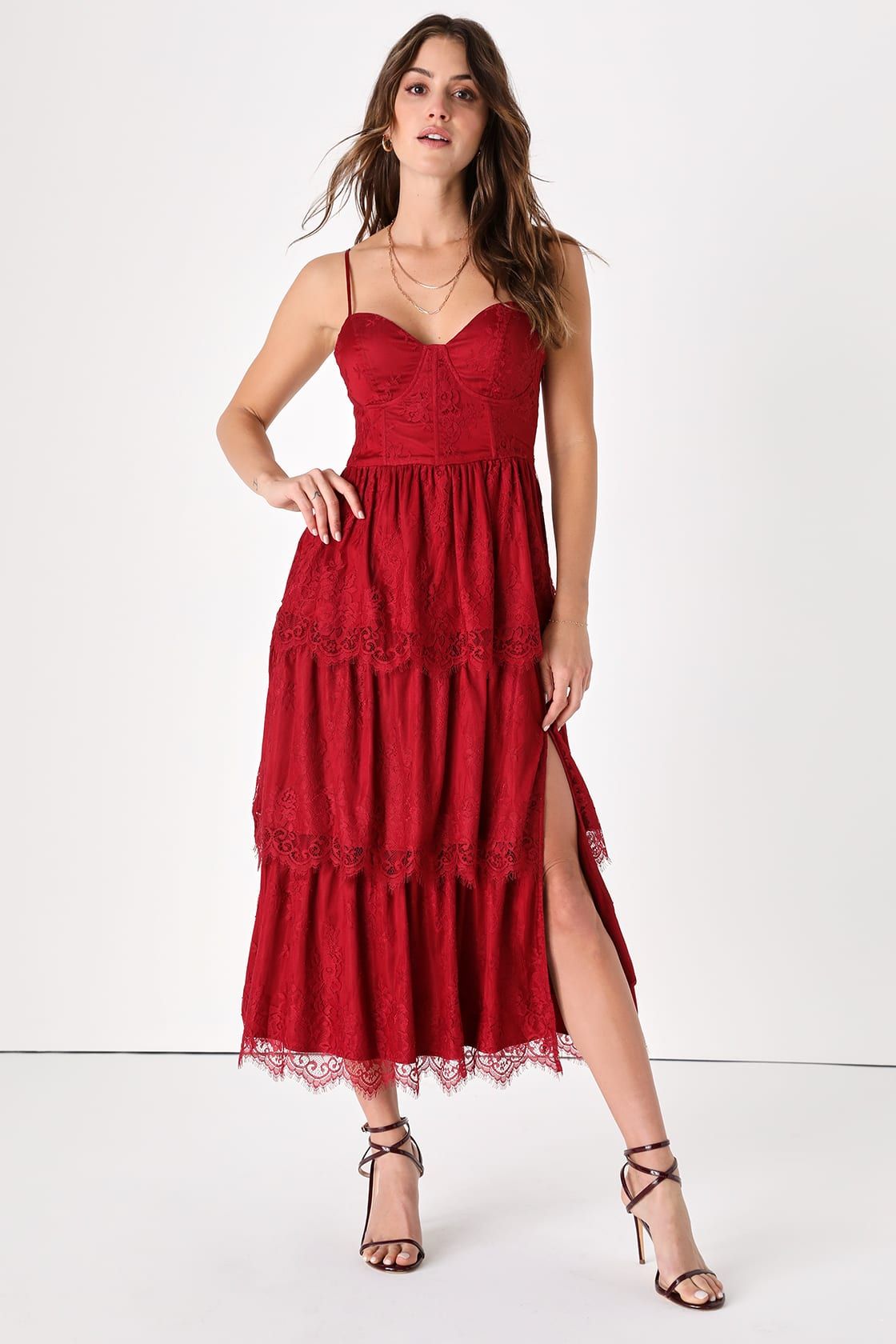 Stroke of Luck Red Tiered Lace Bustier Midi Dress | Lulus (US)