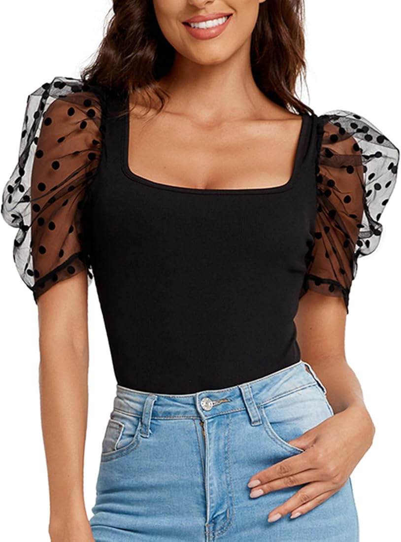 Verdusa Women's Sheer Dobby Mesh Puff Sleeve Square Neck Top | Amazon (US)