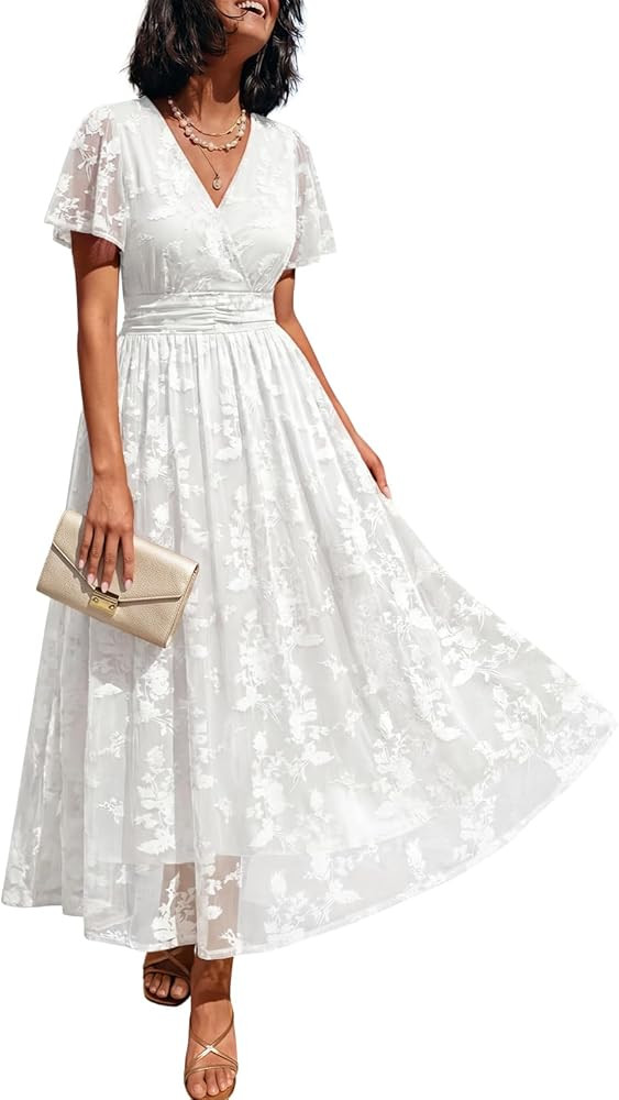 LILLUSORY Womens Summer Floral Maxi Dress Short Sleeve V Neck Wedding Guest Long Dresses with Poc... | Amazon (US)