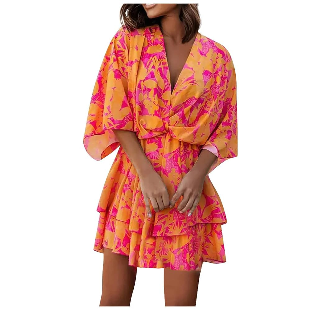 BAXLIMEK Beach Dresses for Women,2025 Elegant Deep V Neck Batwing Sleeve Mini Dress Flowy Ruched ... | Amazon (US)
