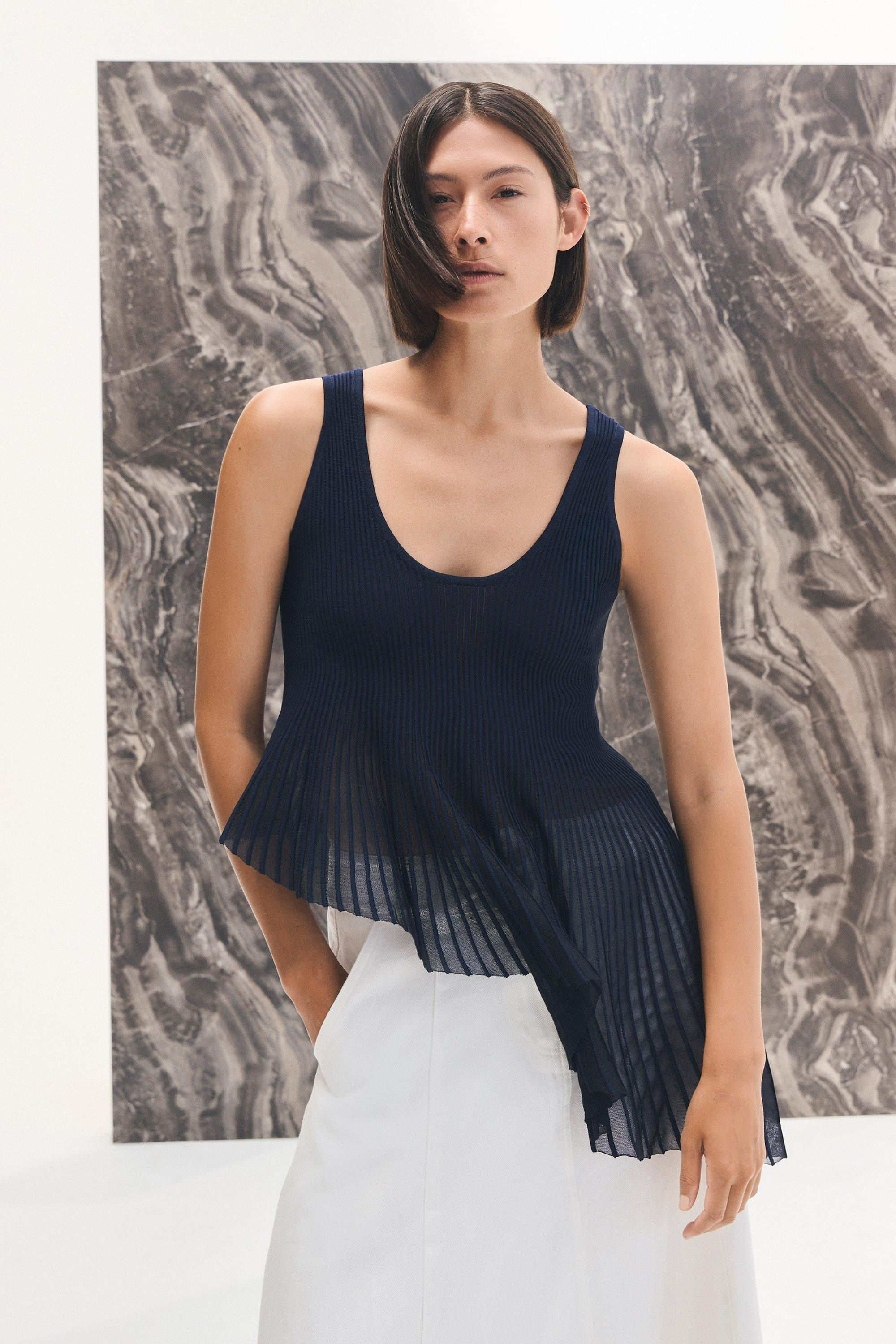 Viscose Blend Sleeveless Knitted Asymmetric Hem Top With Sparkle Sheer Detail | Karen Millen UK + IE + DE + NL