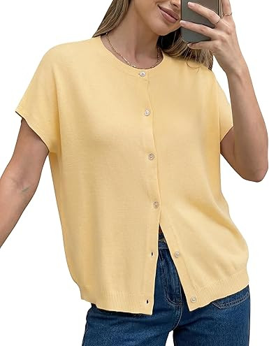 Arach&Cloz Women's Wool Blend Oversized Lightweight Cardigan Short Sleeve Summer Casual Sweaters ... | Amazon (US)