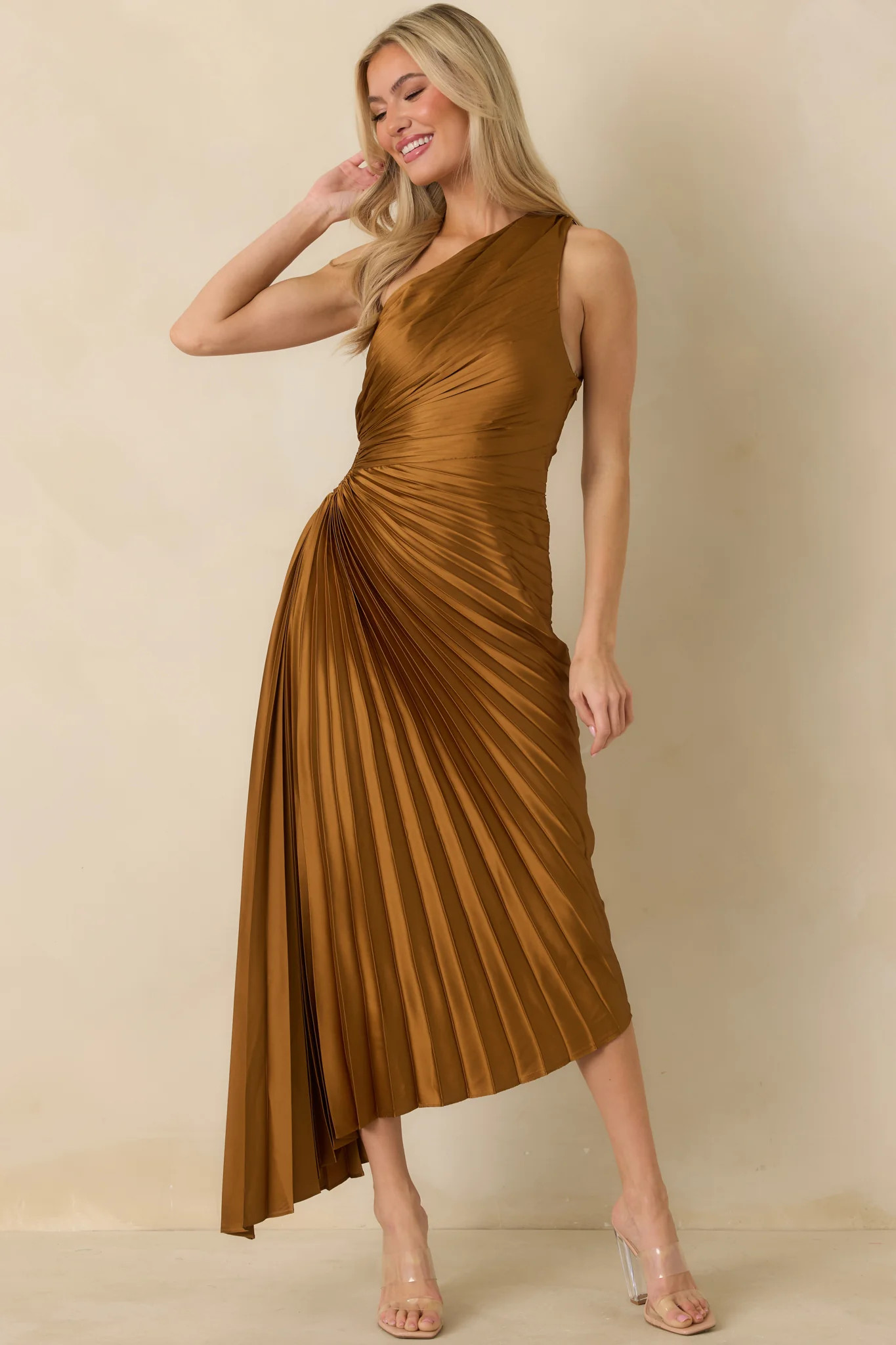 Poetic Charm Bronze Asymmetric One Shoulder Maxi Dress | Red Dress