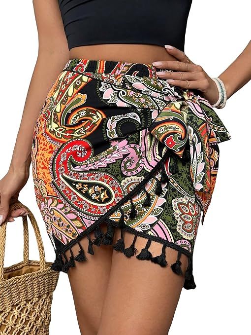 OYOANGLE Women's Boho Print Elastic Waist Wrap Tie Front Tassel Trim Short Skirt | Amazon (US)