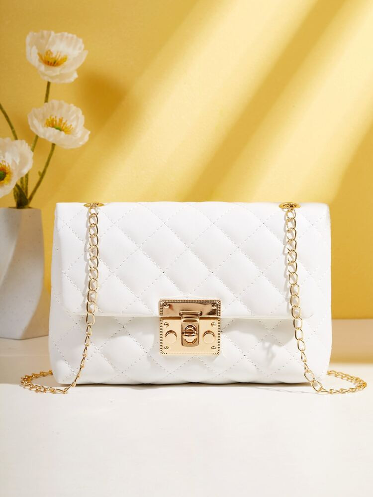 Quilted Twist Lock Flap Square Bag, Chain Strap Crossbody Bag, Women's Shoulder Purse For Phone | SHEIN