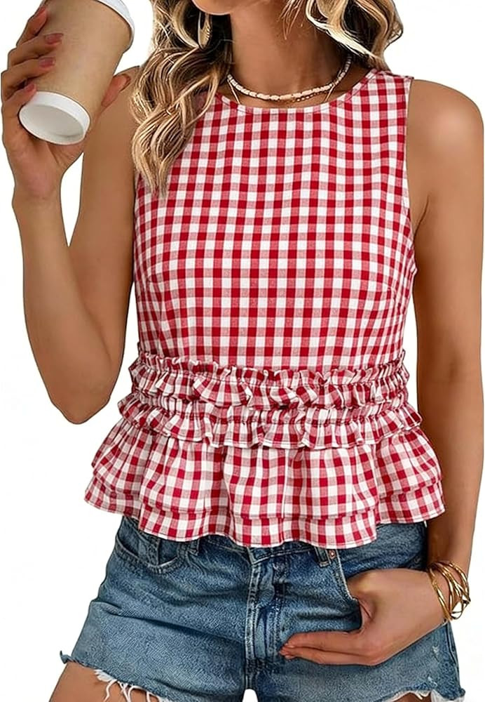 Womens Summer Gingham Sleeveless Tank Tie Back Tiered Ruffle Top | Amazon (US)
