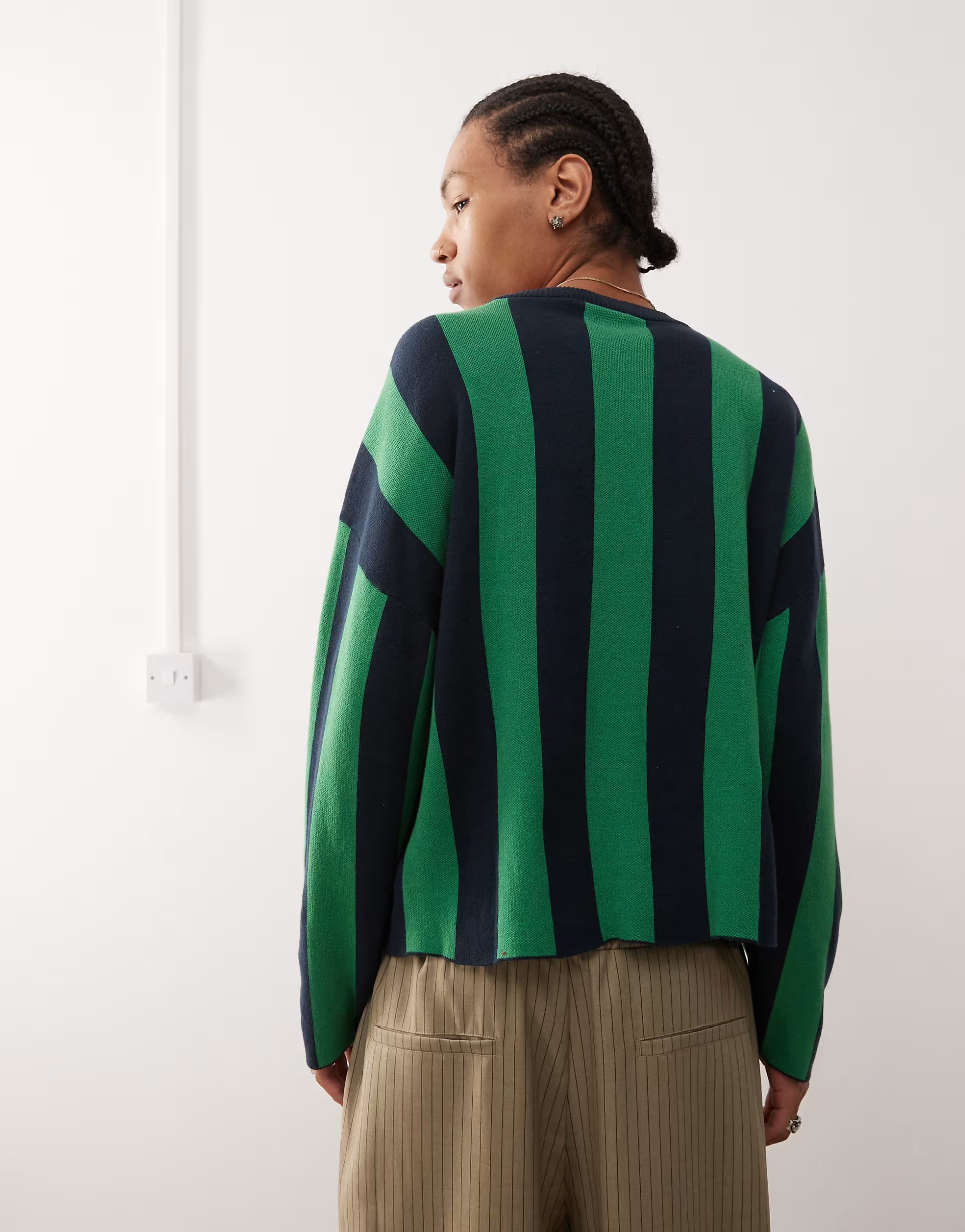 Weekday Alek sweater with football graphic in navy and green stripe | ASOS (Global)