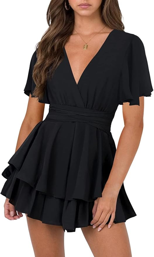 Hocuos Women's Long Lantern Sleeve Plunging V Neck Dress Tie Waist Layer Ruffle Hem A Line Swing ... | Amazon (US)