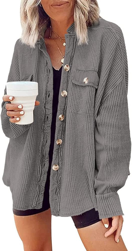 Yanekop Womens Waffle Knit Shacket Boyfriend Shirt Jacket Button Down Blouse Loose Fit Long Sleev... | Amazon (US)
