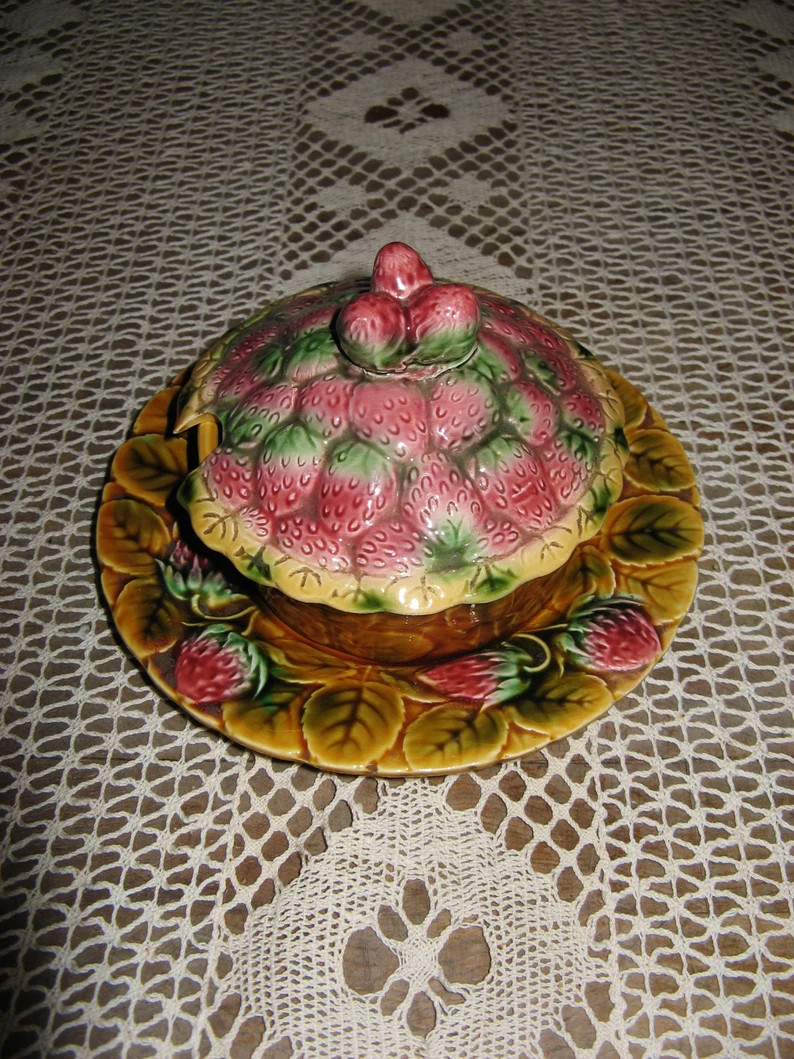 Vintage French Majolica/Barbotine "Sarreguemines" Strawberry Confiturier With Saucer and Lid ~ 19... | Etsy (US)