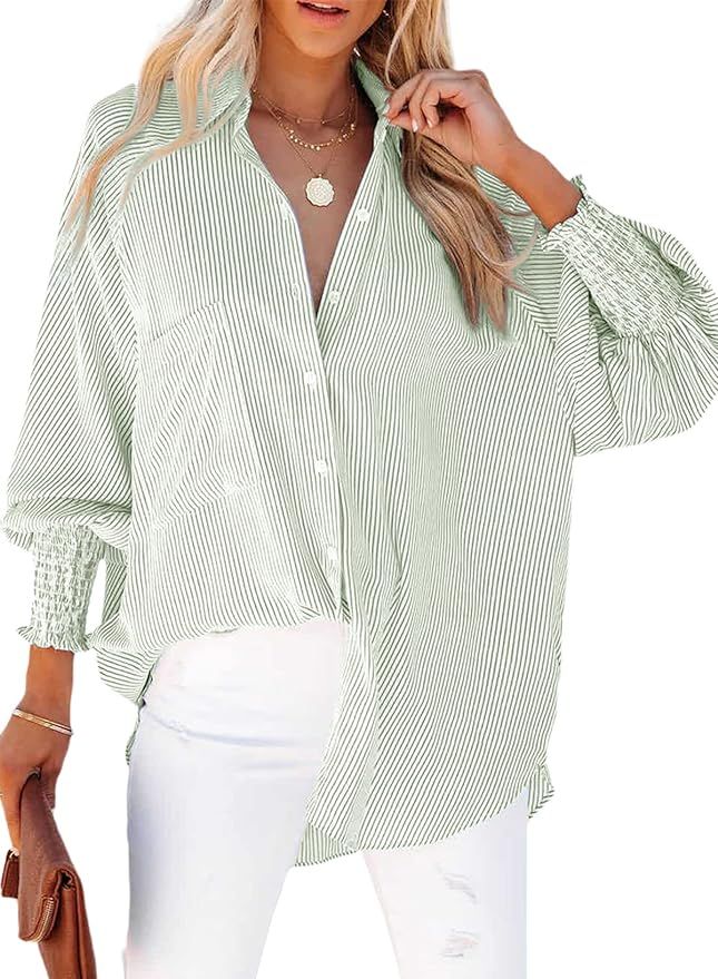 Women's Smocked Cuffed Striped Boyfriend Shirt with Pocket Casual Collar Long Sleeve Blouse Tops ... | Amazon (US)