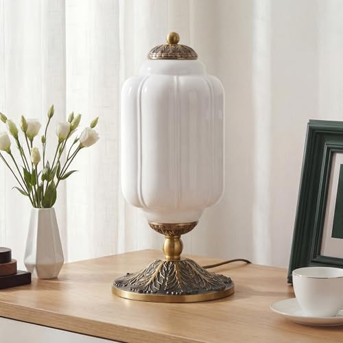 Milk Glass Table Lamp - Modern Farmhouse Design with Antique Brass Finish Base, White Desk Light ... | Amazon (US)